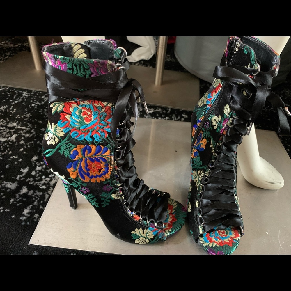 Beautiful Black Floral Print …Lace up Shoe Bootie